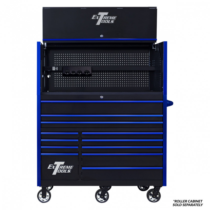 Extreme Tools RX 55 x 25 Power Workstation Hutch - RX552501HCBKBL-Open-Lid-Shown with Roller