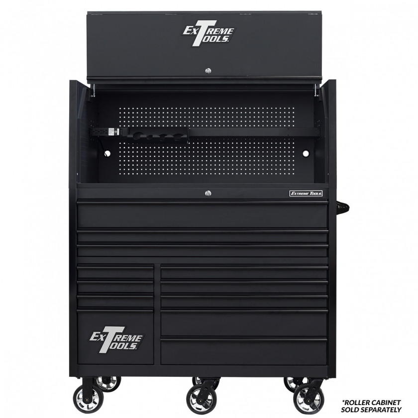 Extreme Tools RX 55 x 25 Power Workstation Hutch - RX552501HCMBBK-Open-Lid-shown with Roller
