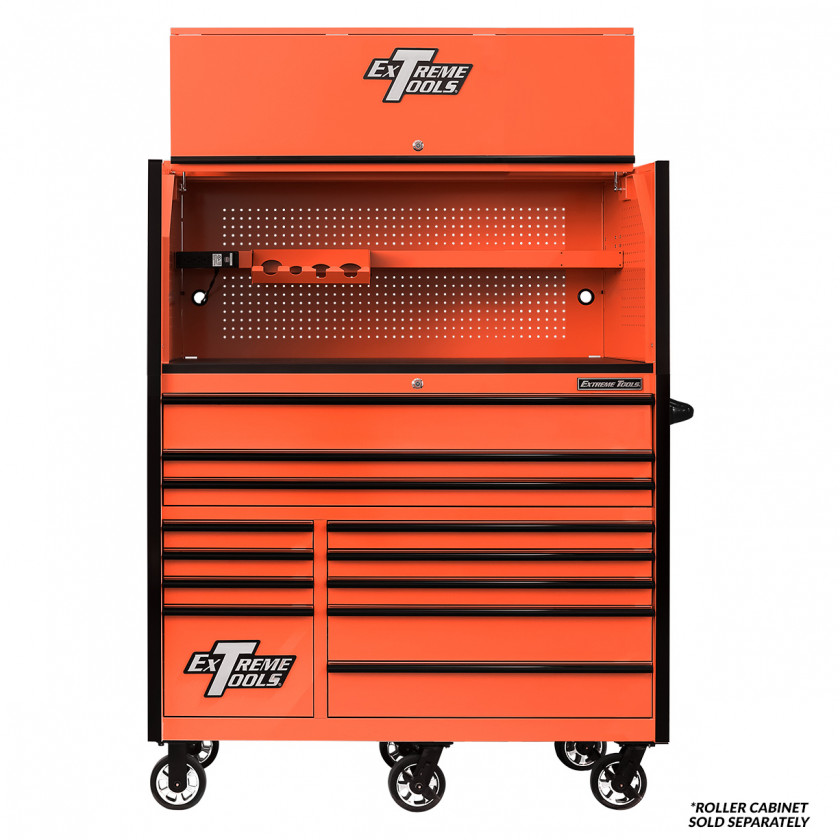 Extreme Tools RX 55 x 25 inch Worstation Hutch -RX552501HCORBK-Open-Lid-Shown with Roller