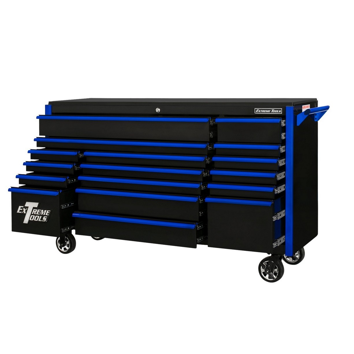 Extreme Tools 72 DX Series 17-Drawer Roller Cabinet - Black w/Blue Drawer Pulls