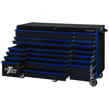 Extreme Tools 72" x 30" Deep, 19 Drawers Triple Bank Roller Cabinet - Black - Blue