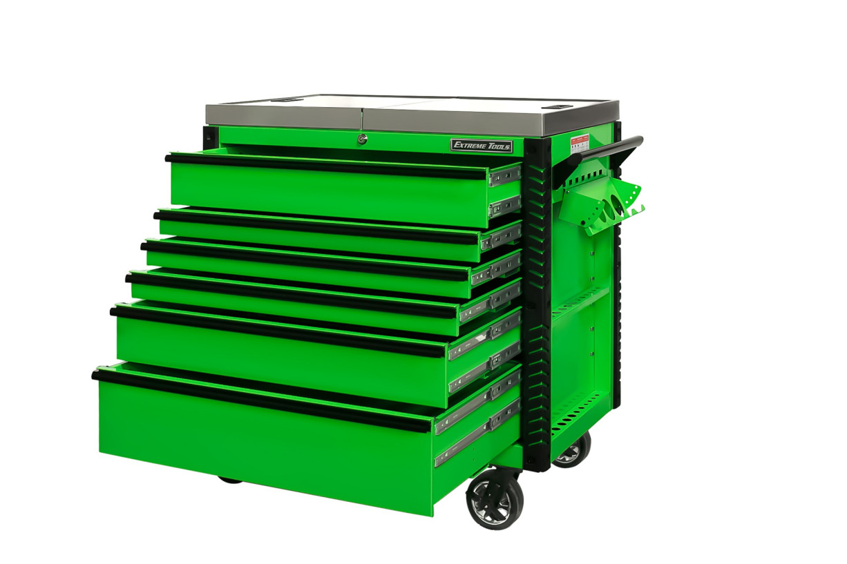 Extreme Tools 41" 6-Drawer Deluxe Tool Cart with Pry Bar Holders And Stainless Steel Slide Top - Image 7