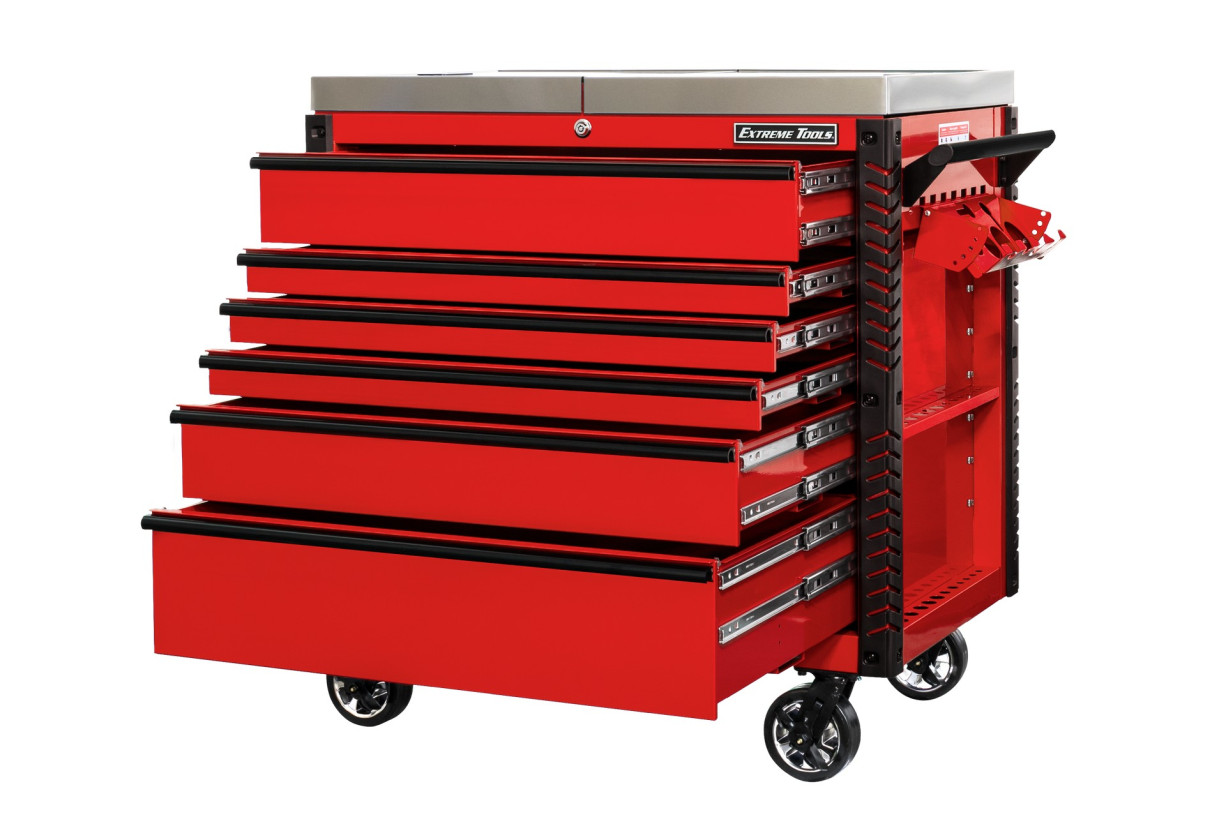Extreme Tools 41" 6-Drawer Deluxe Tool Cart with Pry Bar Holders And Stainless Steel Slide Top - Image 2