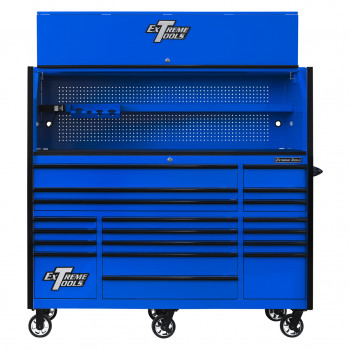 RX723019RCBLBK-OPEN-FRONT - Extreme Tools 72 x 30in 19 Drawers Triple Bank Roller Cabinet and Power Workstation Hutch Combo - Blue Black