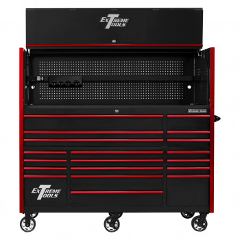 RX723020HRBKRD-OPEN-FRONT - Extreme Tools 72 x 30in 19 Drawers Triple Bank Roller Cabinet and Power Workstation Hutch Combo - Black Red