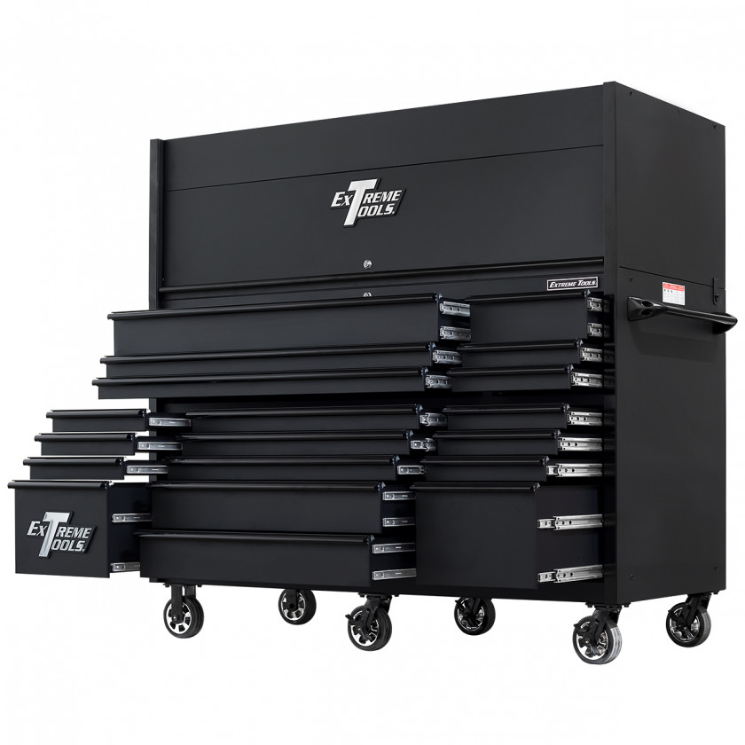 RX723020HRMBBK-BOTTOM-OPEN-RIGHT-LOW - Extreme Tools 72 x 30in 19 Drawers Triple Bank Roller Cabinet and Power Workstation Hutch Combo - Matte Black