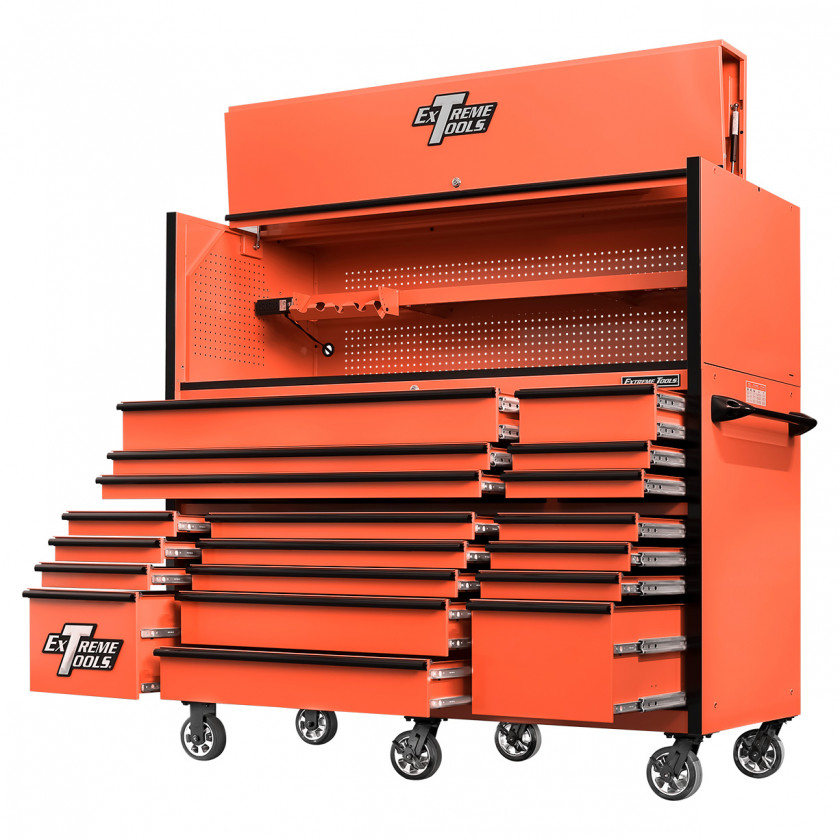 RX723020HRORBK-OPEN-RIGHT-LOW -Extreme Tools 72 x 30in 19 Drawers Triple Bank Roller Cabinet and Power Workstation Hutch Combo - Orange