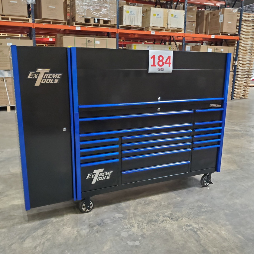 Scratch and Dent _ Extreme Tools DX 72 x 21 17-Drawer Roller Cabinet - Hutch and Side Locker Combo - SD-DX72218HRSLBKBL - Black with Blue Drawer Pulls_18