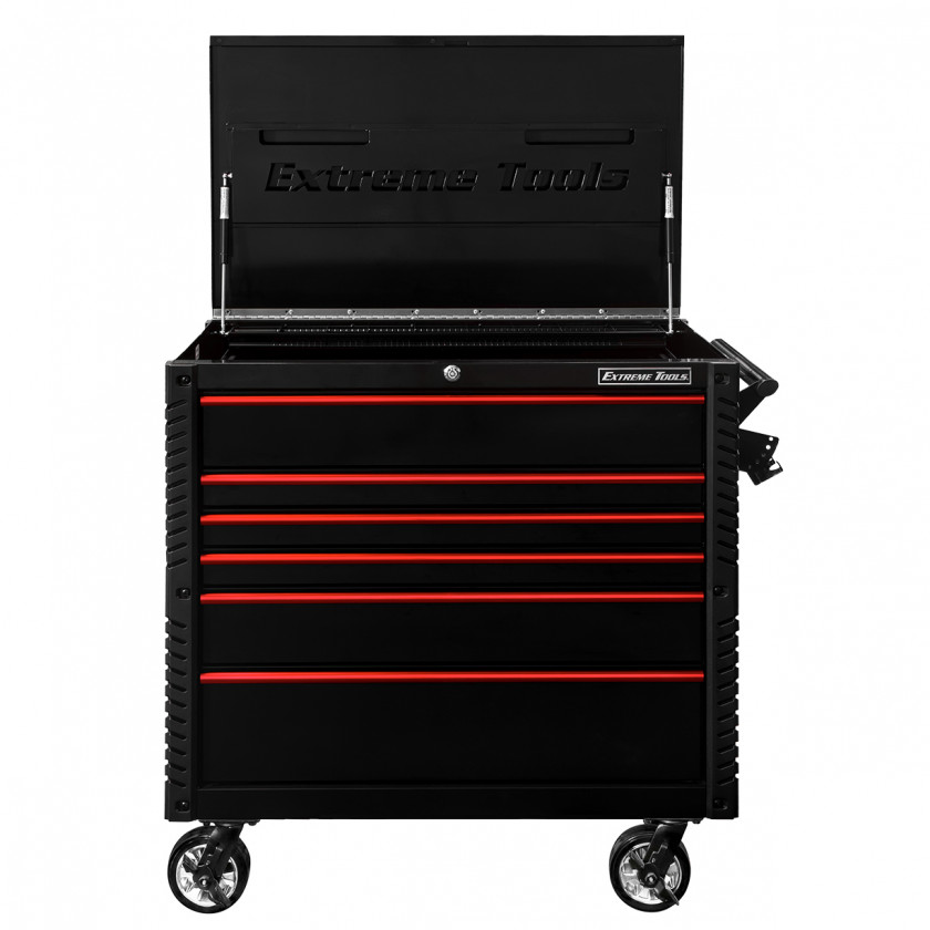 EX4106BKRD-OPEN-LID- - Extreme Tools 41 6-Drawer Deluxe Tool Cart with Pry Bar Holders And Flip Top