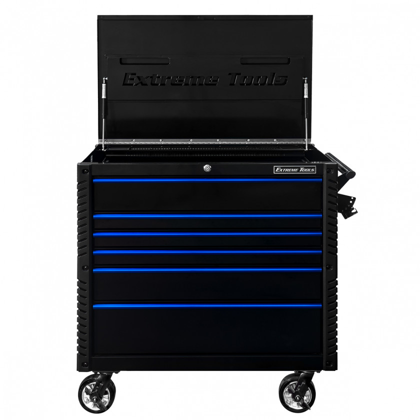 EX4106TCBKBL-FRONT-OPEN - Extreme Tools 41 6-Drawer Deluxe Tool Cart with Pry Bar Holders And Flip Top