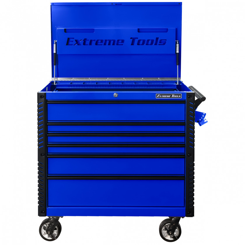 EX4106TCBLBK-FRONT-OPEN - Extreme Tools 41 6-Drawer Deluxe Tool Cart with Pry Bar Holders And Flip Top