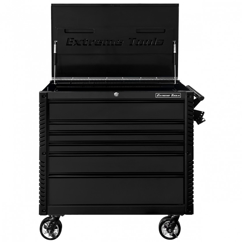 EX4106TCMBBK-Front-Open-Lid - Extreme Tools 41 6-Drawer Deluxe Tool Cart with Pry Bar Holders And Flip Top