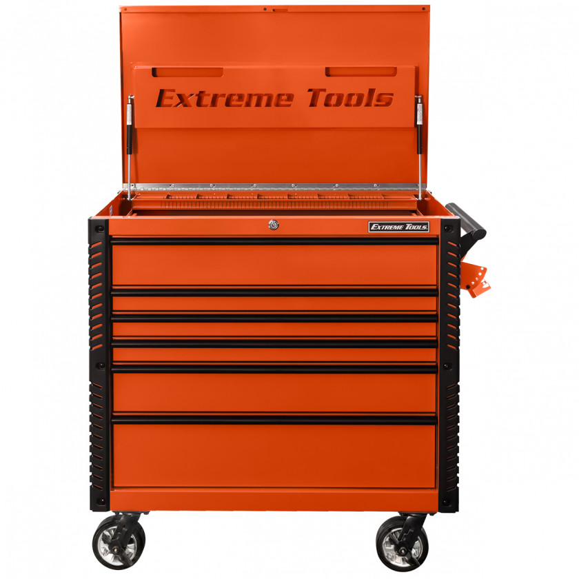 EX4106TCORBK-Front-Open - Extreme Tools 41 6-Drawer Deluxe Tool Cart with Pry Bar Holders And Flip Top