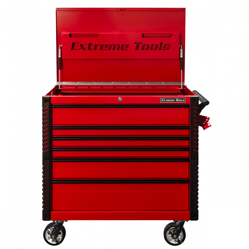 EX4106TCRDBK-Front-Open - Extreme Tools 41 6-Drawer Deluxe Tool Cart with Pry Bar Holders And Flip Top