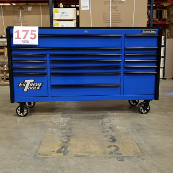 Scratch & Dent, Extreme Tools DX Series 72″ x 21″ Triple Bank Roller Cabinet,  17 Drawers – Blue/Black Showroom Demo