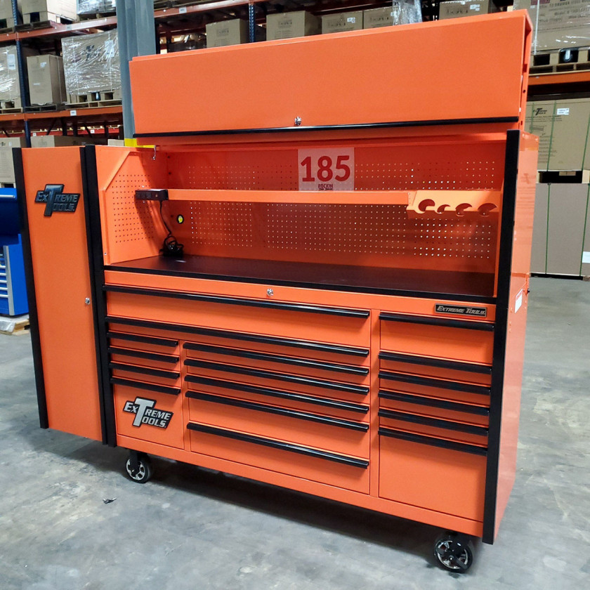 SD-DX722118HRSLORBK - Scratch and Dent _ Extreme Tools DX 72 x 21 17-Drawer Roller Cabinet - Hutch and Side Locker Combo - Orange with Black Drawer Pulls_10
