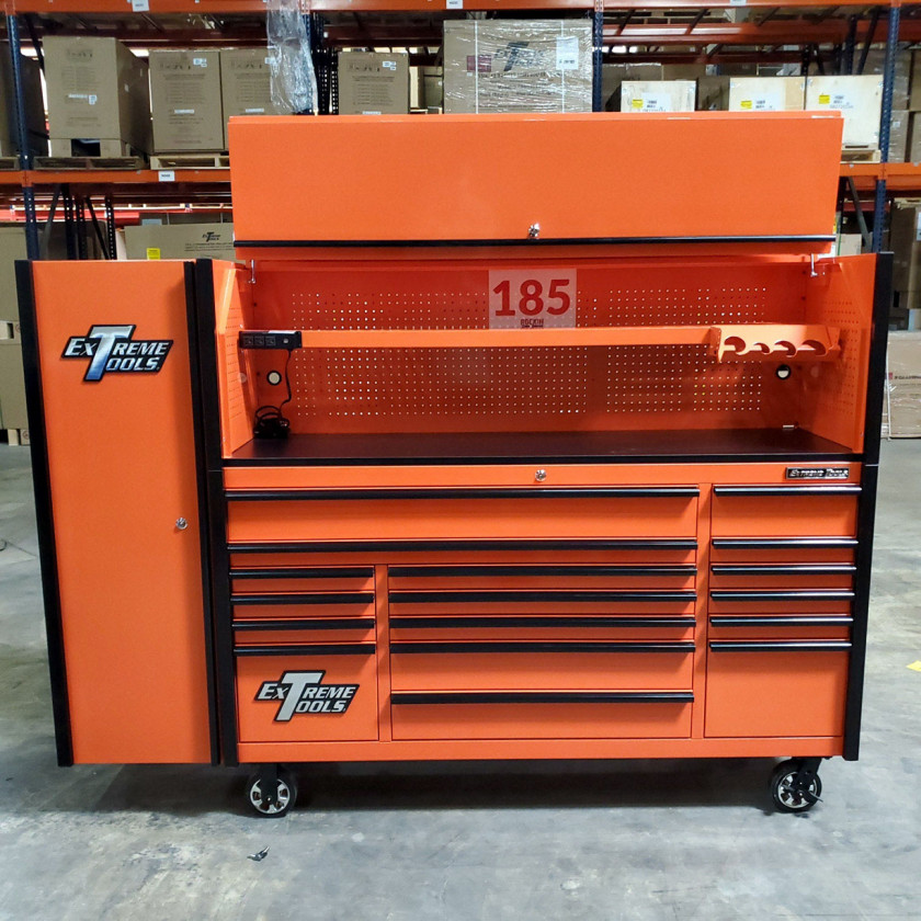 SD-DX722118HRSLORBK - Scratch and Dent _ Extreme Tools DX 72 x 21 17-Drawer Roller Cabinet - Hutch and Side Locker Combo - Orange with Black Drawer Pulls_9