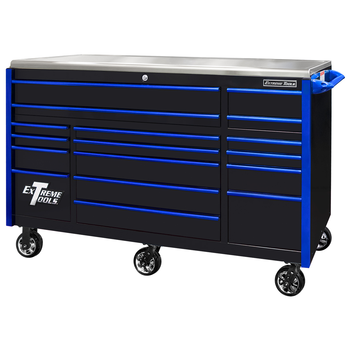 Extreme Tools EXQ Series 72 17-Drawer Professional Triple Bank Roller - Black w/Blue Drawer Pulls