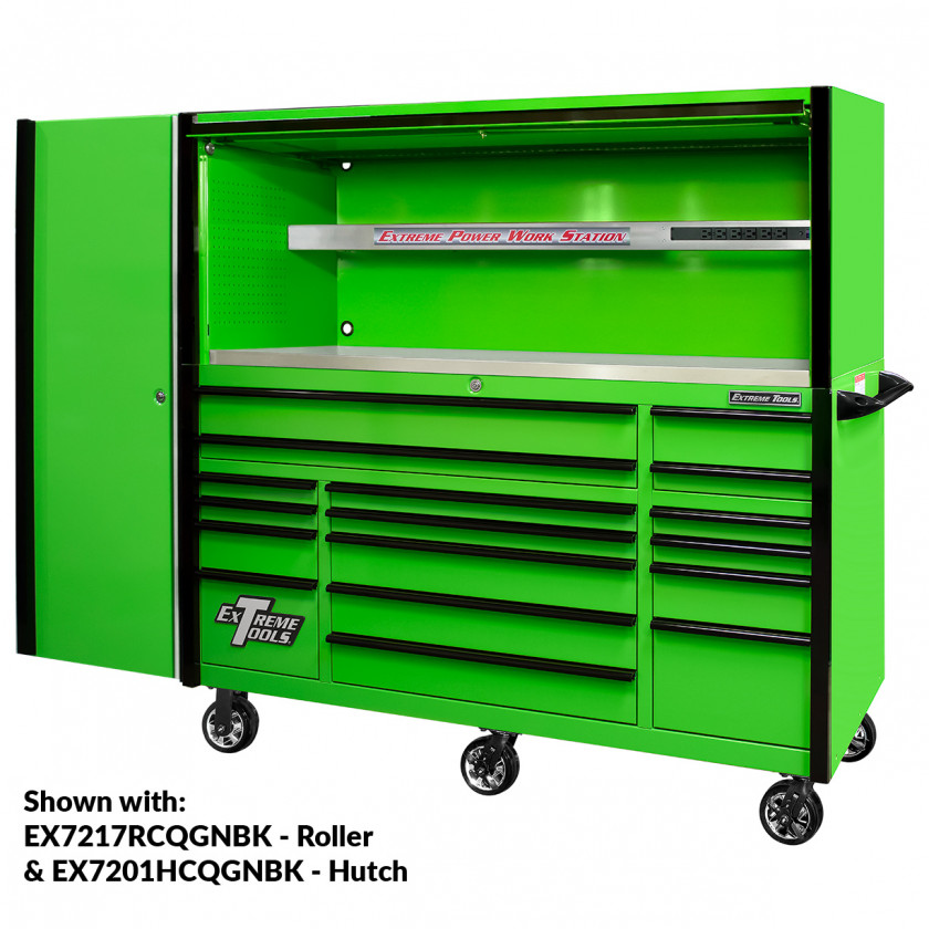 EX2404CSQGNBK Side Locker - Shown with EXQ 72inch Roller and Hutch Combo - Green Black | EXQ Series 24x30 in. 4 Drawer and 2 Shelf Pro Side Cabinet Green w Black Handles - EX2404SCQGNBK-OPEN | RTB
