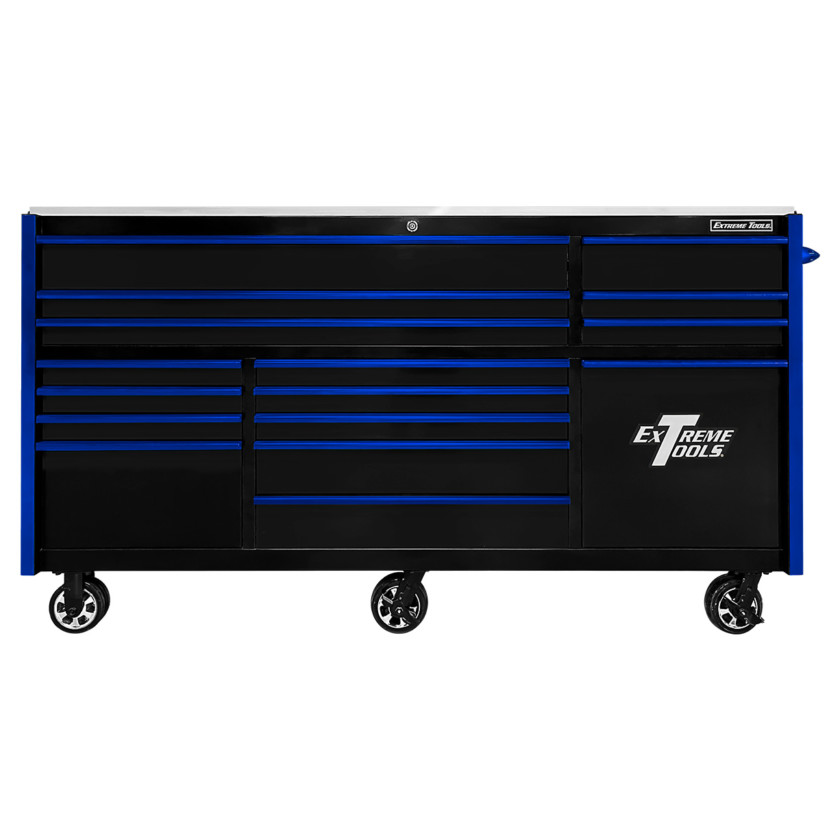 RXQ843016RCBKBL-Front- Extreme Tools RX 84 inch Pro Series Roller Cabinet Black-Blue
