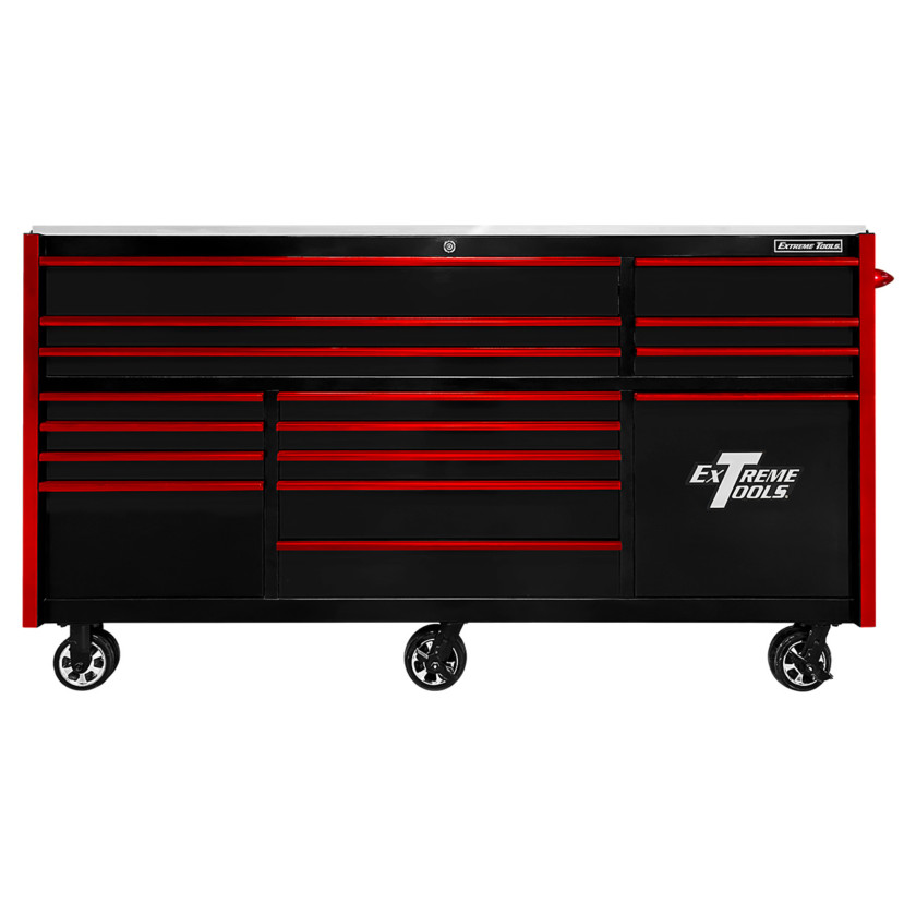 RXQ843016RCBKBL-Front- Extreme Tools RX 84 inch Pro Series Roller Cabinet Black-Red