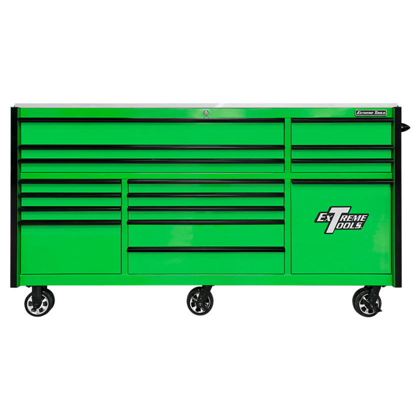 RXQ843016RCBLBK-Front- Extreme Tools RX 84 inch Pro Series Roller Cabinet Green-Black